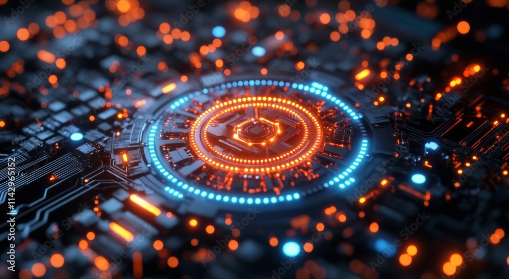 Vibrant digital abstract design showcasing blue and red glowing circular patterns