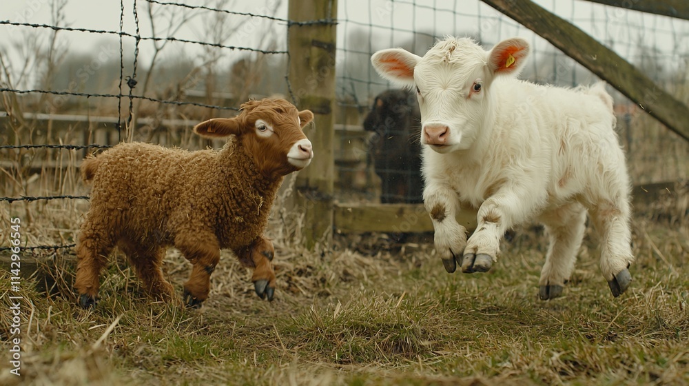 Playful lamb and calf frolic in farmyard. Playful lamb and calf frolic in farmyard.