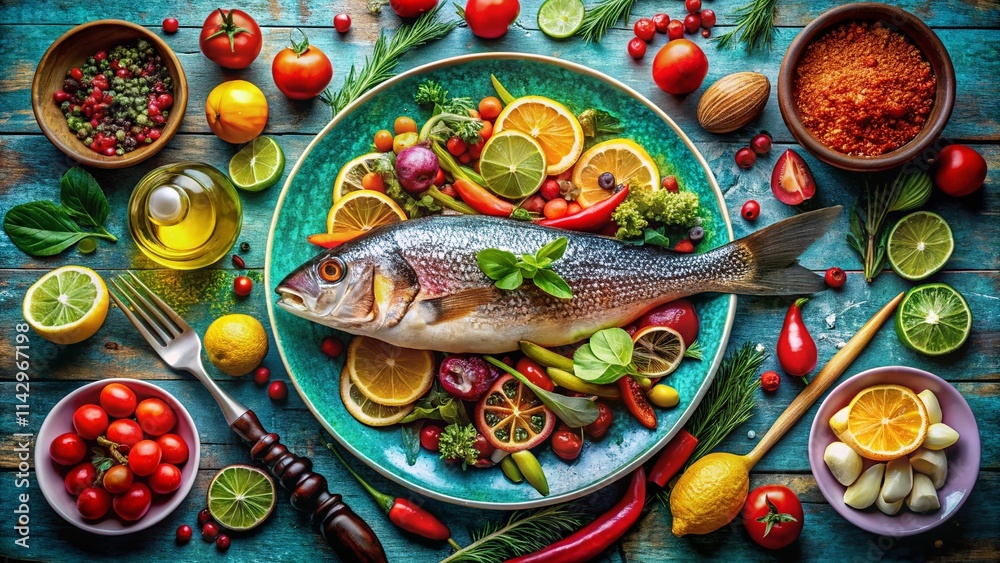 Fototapeta premium Sustainable Seafood, Ocean Conservation, Save Our Seas, Delicious Dishes, Eco-Friendly Food, Marine Life Protection, Healthy Eating, Ocean Friendly Recipes