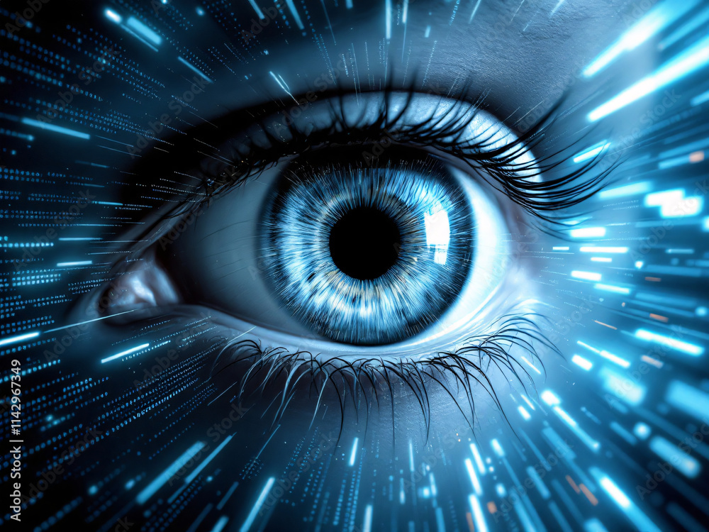 Eye close-up with digital circuits, futuristic technology, glowing blue iris, intricate details. Eye close-up with digital circuits, futuristic technology, glowing blue iris, intricate details.