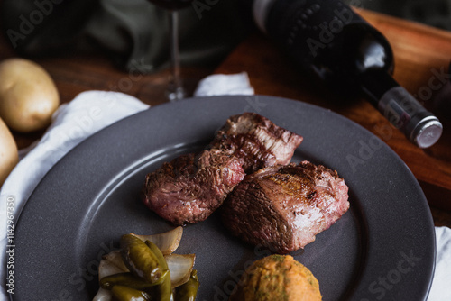 close up a piece of meat with its respective garnishes