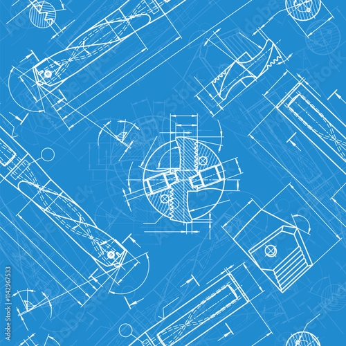 Mechanical engineering drawings on blue background. Drill tools, borer. Technical Design. Cover. Blueprint. Vector illustration. Seamless pattern.