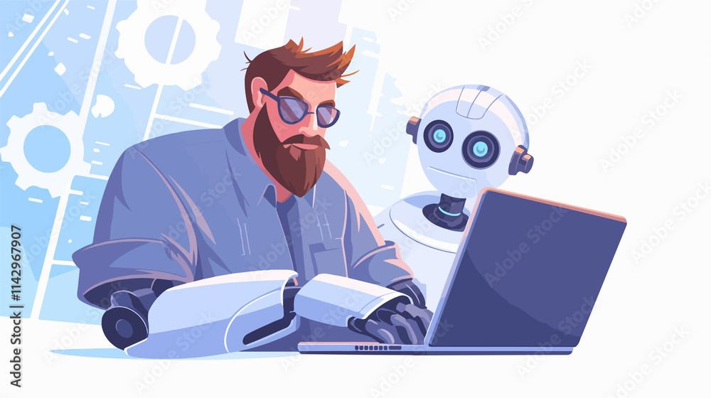 Caucasian Engineer Programming Domestic Personal Robo Caucasian Engineer Programming Domestic Personal Robo
