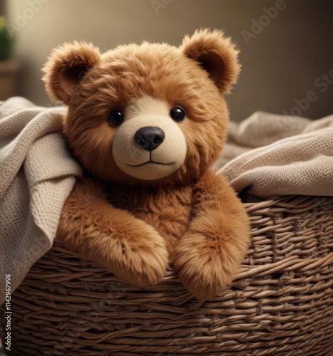 Soft brown teddy bear nestled in a woven basket ,  toy,  plush, teddy bear