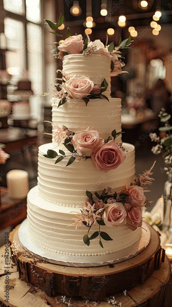 A beautifully decorated three-tier wedding cake adorned with roses and greenery.