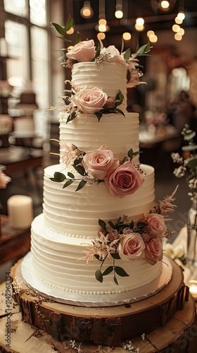 Wallpaper Mural A beautifully decorated three-tier wedding cake adorned with roses and greenery. Torontodigital.ca