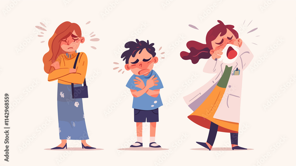 Child Itchy Skin with Frightened Mom Doctor and Sick Boy Child Itchy Skin with Frightened Mom Doctor and Sick Boy