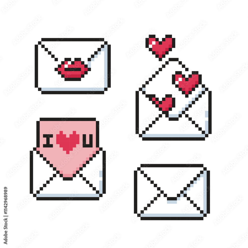 Love letter pixel art collection. Envelopes with red lips, hearts and I love you message. Valentine's day icons in retro style. Love letter pixel art collection. Envelopes with red lips, hearts and I love you message. Valentine's day icons in retro style.