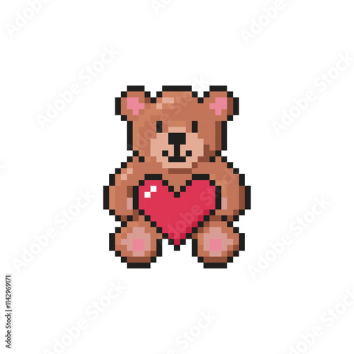 Cute bear holding heart in his paws. Pixel art. Vector clip art isolated on white.