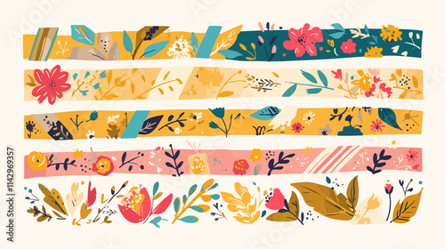 Vibrant Colorful Golden Washi Tape Strips for Scrapbook Elements