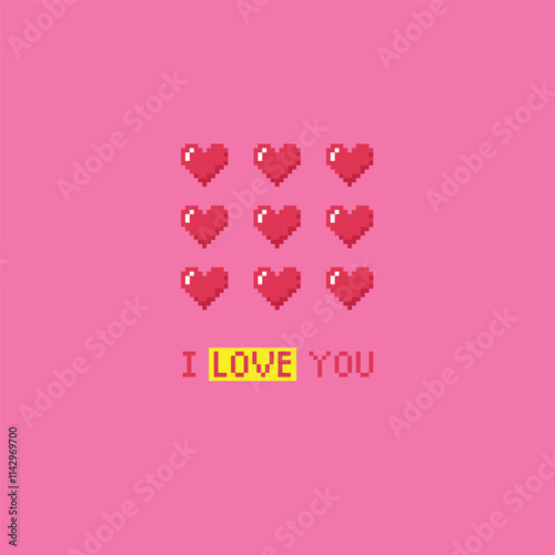 I love you text with hearts pixel card. Vectro illustration for Valentine's day.