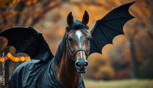 Horse in Halloween costume. Dark bat wings adorn horse. Autumnal setting. Horse looks spooky, playful. Halloween theme with pumpkin decorations possible. Costume party holiday event. Possible autumn photo