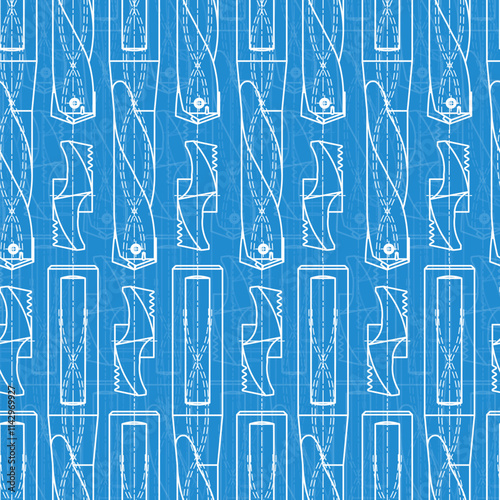 Mechanical engineering drawings on blue background. Drill tools, borer. Technical Design. Cover. Blueprint. Vector illustration. Seamless pattern.