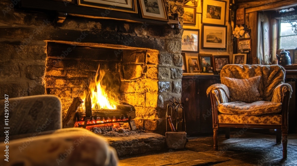 Cozy stone fireplace with burning wood, armchair, and framed pictures in rustic room. Cozy stone fireplace with burning wood, armchair, and framed pictures in rustic room.