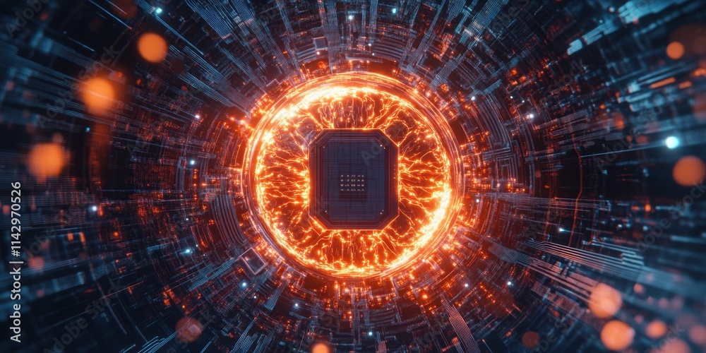 Obraz premium A mesmerizing core of advanced technology radiates vibrant orange energy amidst a complex web of detailed circuits and glowing patterns, evoking innovation. Generative AI