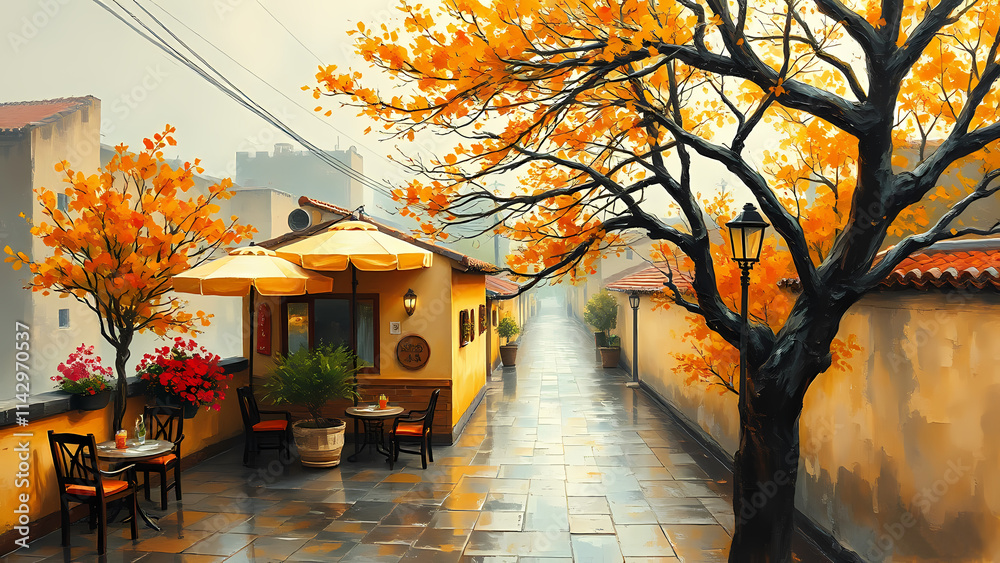 Obraz premium A small café set on an ancient city wall during a rainy autumn day. The scene is depicted in an oil painting style with warm orange and yellow tones, capturing a wet, textured paint effect with delica