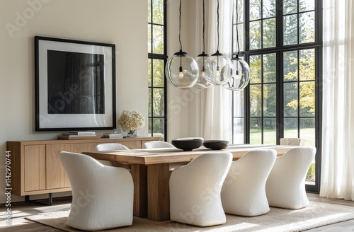 Modern dining room with large windows and stylish decor during daylight hours