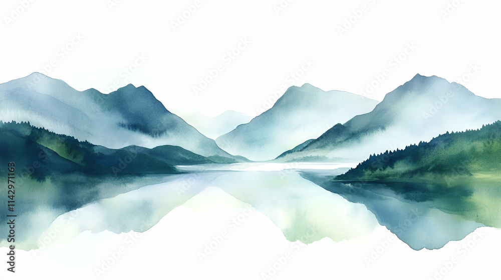 Watercolor landscape of mountains, hills, and a tranquil river on white Watercolor landscape of mountains, hills, and a tranquil river on white