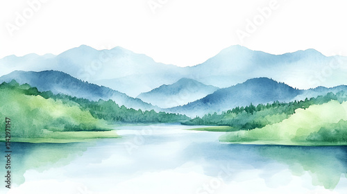 Watercolor landscape of mountains, hills, and a tranquil river on white