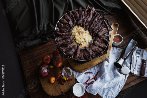 Meat and cheese dish, restaurant plating, top view