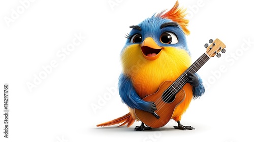 A 2D cartoon bird playing a guitar under a tree, colorful and cheerful, white background. Ultra-Realistic, Photo Realistic, highly detailed 