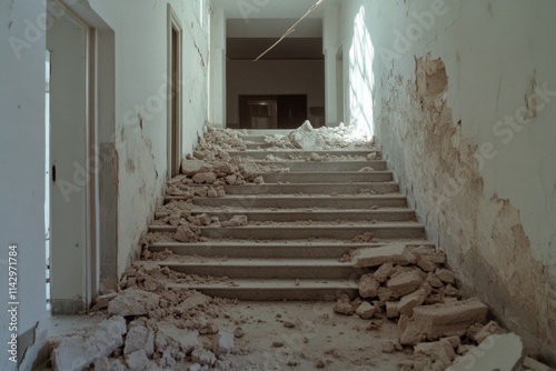 Collapsed stairwell inside a derelict building, whispering tales of bygone times and weathered spaces.