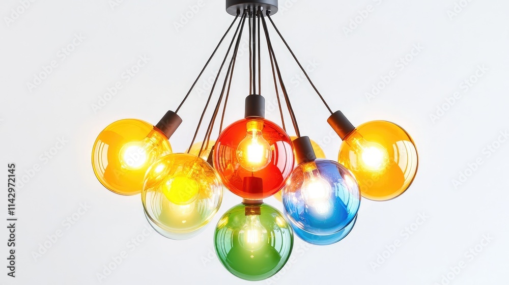 Multi-light cluster pendant lamp with colorful glass shades, set against a pristine white background. Multi-light cluster pendant lamp with colorful glass shades, set against a pristine white background.