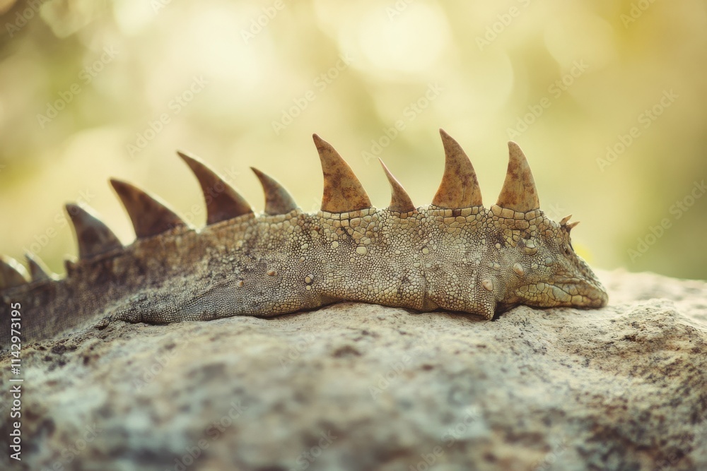 Obraz premium A lizard basking on a rock displays sharp spines and textured skin, blending with natural surroundings.