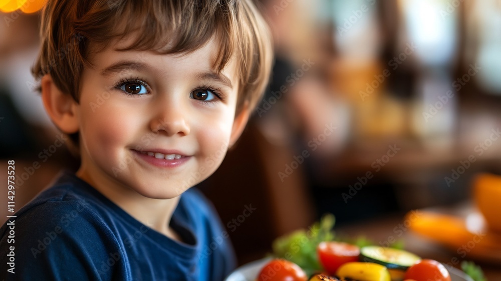 Fototapeta premium Portrait of a Happy Toddler Boy Smiling in a Restaurant