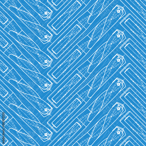 Mechanical engineering drawings on blue background. Drill tools, borer. Technical Design. Cover. Blueprint. Vector illustration. Seamless pattern.