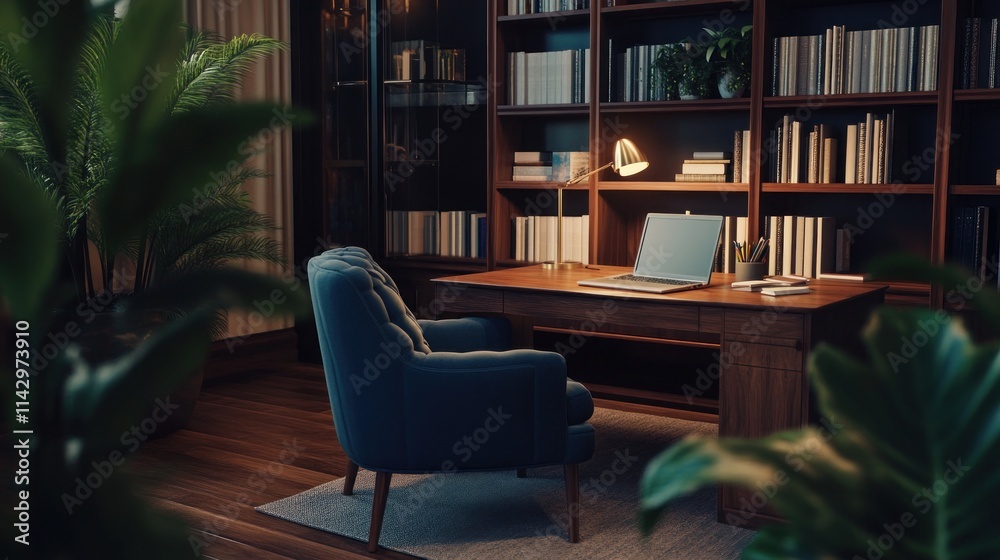 Cozy home office at night with a laptop on a wooden desk, blue armchair, and bookshelves. Cozy home office at night with a laptop on a wooden desk, blue armchair, and bookshelves.