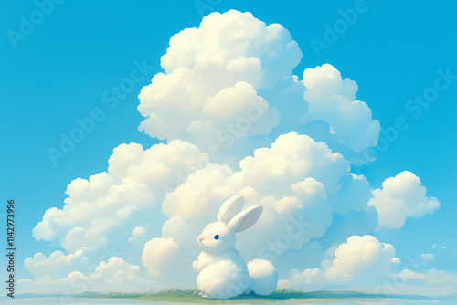 serene bunny shaped cloud sits quietly under a vast cumulus canopy in a peaceful blue sky
