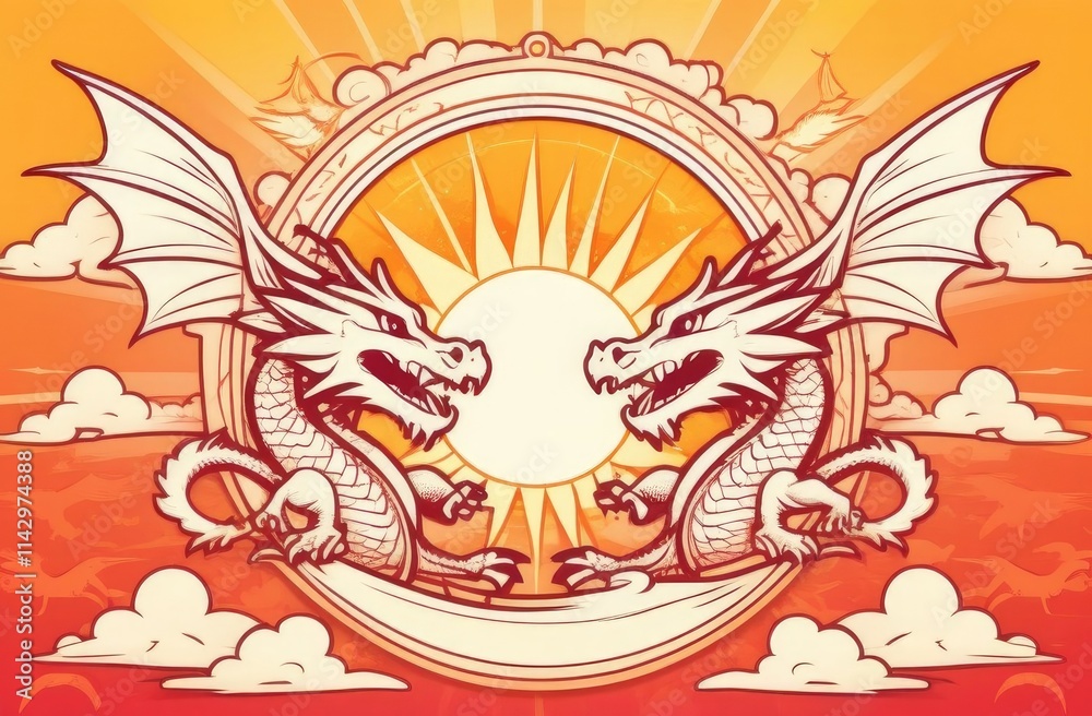 Two symmetrical dragons with sharp features and outstretched wings face each other, encircling a glowing sun in a dynamic orange-toned celestial backdrop with swirling clouds Two symmetrical dragons with sharp features and outstretched wings face each other, encircling a glowing sun in a dynamic orange-toned celestial backdrop with swirling clouds