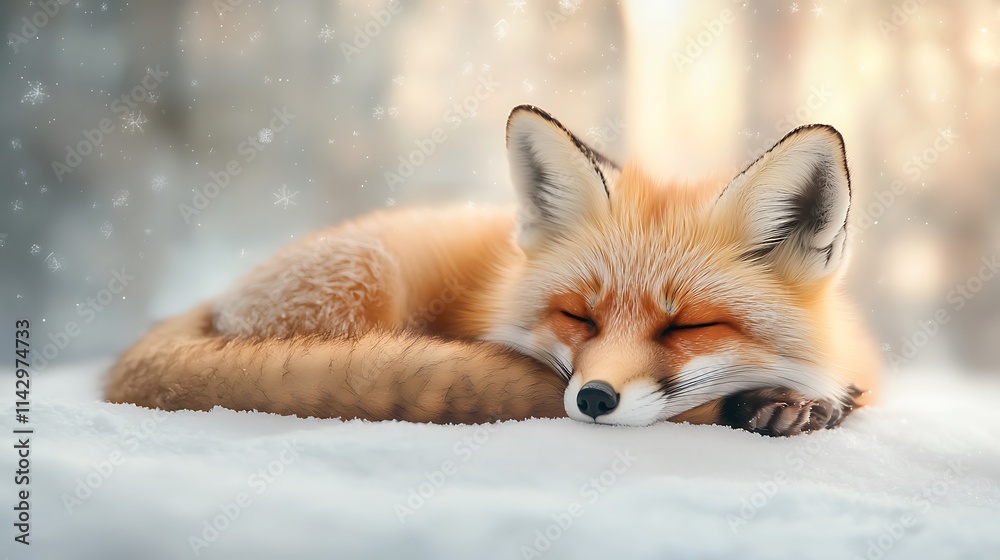 Obraz premium A 3D fox curled up sleeping in a snowy forest, soft textures and warm colors. Ultra-Realistic, Photo Realistic, highly detailed 