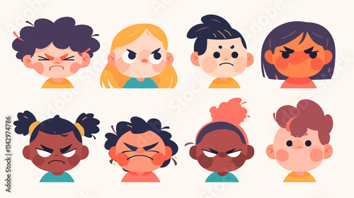 Diverse Kids Expressing Anger: Caucasian, African, and Asian Children Portrait Collection