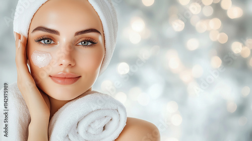 Portrait of woman in soft white towels on her head with glowing skin for beauty banner with golden bokeh background.  photo