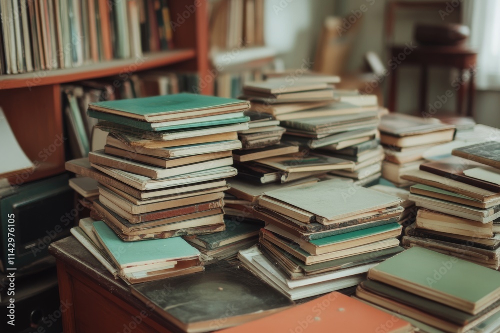 Obraz premium Piles of old, hardback books cover the wooden desk, exuding an air of academia and wisdom, capturing the essence of a scholar’s retreat.