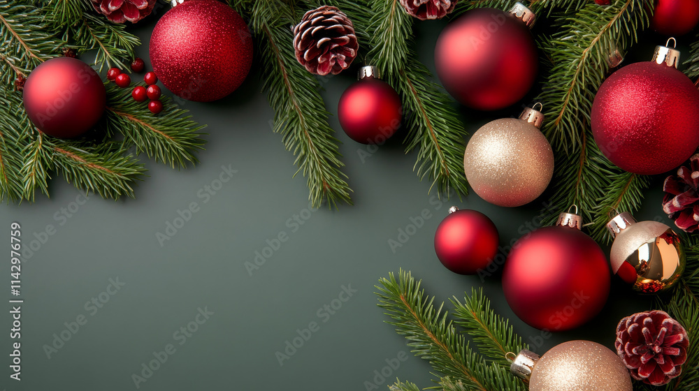 Festive Holiday Ornaments and Greenery - Christmas, winter, celebration, red ornaments, evergreen branches. Symbolizing joy, tradition, warmth, festivity, and hope. Festive Holiday Ornaments and Greenery - Christmas, winter, celebration, red ornaments, evergreen branches. Symbolizing joy, tradition, warmth, festivity, and hope.