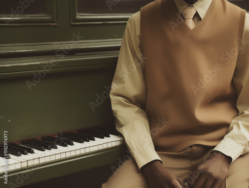 A black man playing the piano in a warm, harmonious scene. He wears an elegant beige suit, surrounded by earthy brown tones. A celebration of art, music, and creativity with timeless elegance.
