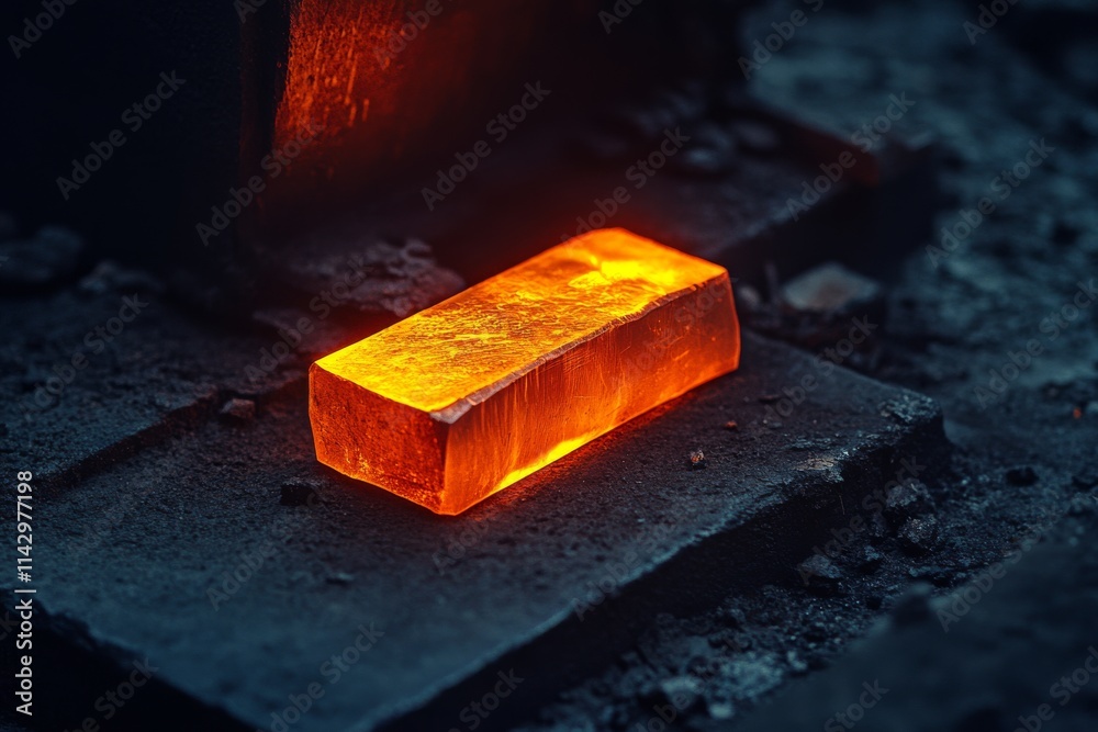 An intense red-hot metal block on a forge floor, radiating heat and energy, capturing the essence of metalwork. An intense red-hot metal block on a forge floor, radiating heat and energy, capturing the essence of metalwork.