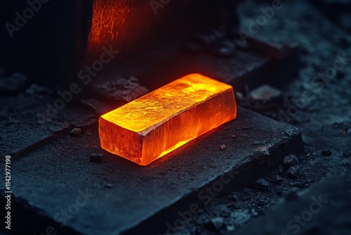 An intense red-hot metal block on a forge floor, radiating heat and energy, capturing the essence of metalwork.