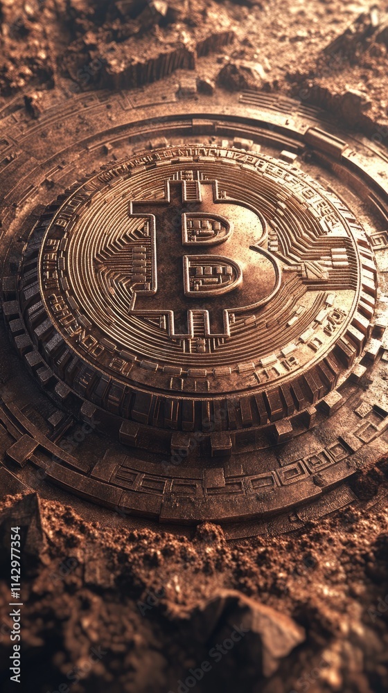 Obraz premium Futuristic Bitcoin Symbol on Digital Earth Surface - Cryptocurrency and Blockchain Innovation