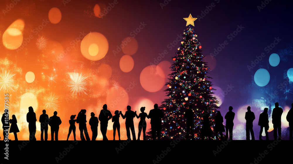 Festive Night Gathering - Silhouetted figures gather before a brightly lit Christmas tree, symbolizing community, celebration, joy, winter holidays, and togetherness. Festive Night Gathering - Silhouetted figures gather before a brightly lit Christmas tree, symbolizing community, celebration, joy, winter holidays, and togetherness.