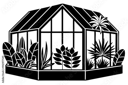 Vector Illustration of a Glass Greenhouse Silhouette with Plant Life