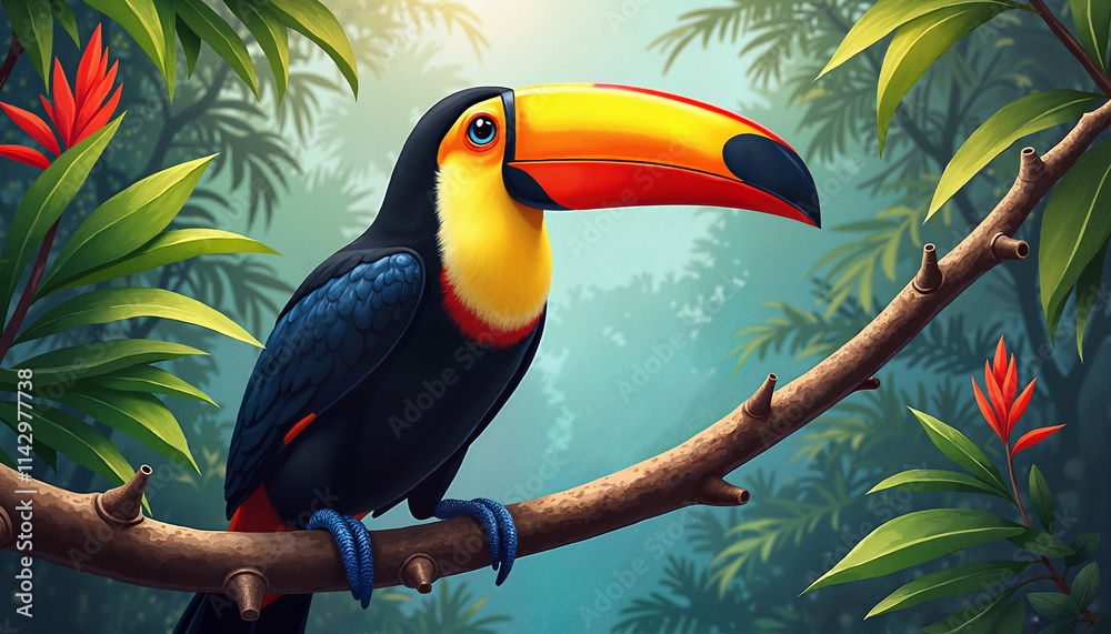 Obraz premium Colorful toucan perched on branch in lush tropical rainforest