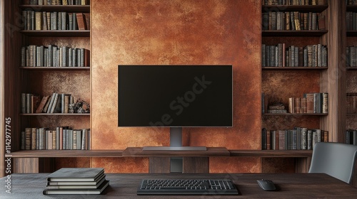 Modern Home Office with Minimalist Computer Setup and Rustic Bookshelves