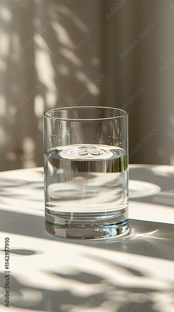 A clear glass of water sits on a table, illuminated by soft shadows. A clear glass of water sits on a table, illuminated by soft shadows.