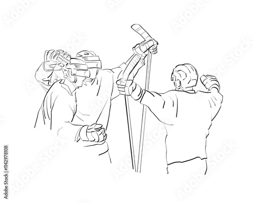 Hockey, ice hockey players celebrating goal, line drawing, isolated vector illustration