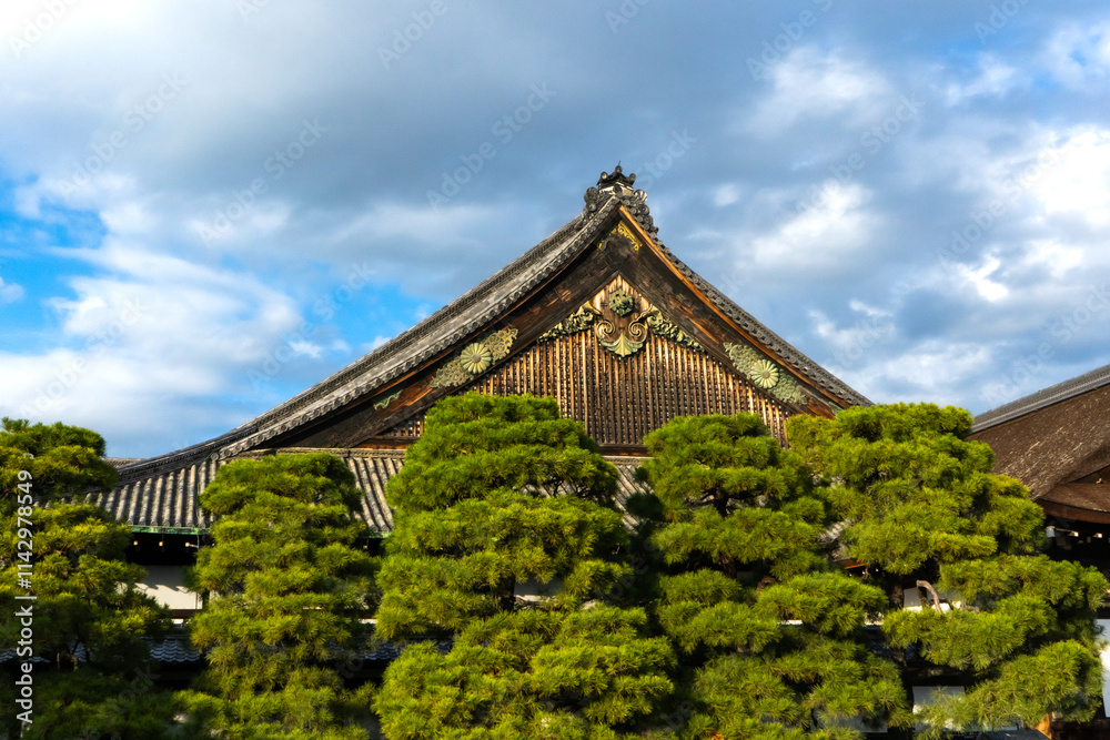 Japanese traditional building roof in a traditional garden with pine trees Japanese traditional building roof in a traditional garden with pine trees