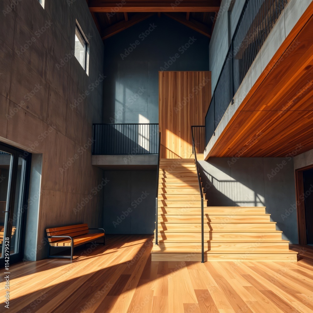 Obraz premium Stunning loft interior design with wooden bench stairs and concrete wall with copy space wood concrete design wood design concrete architecture wall floor modern